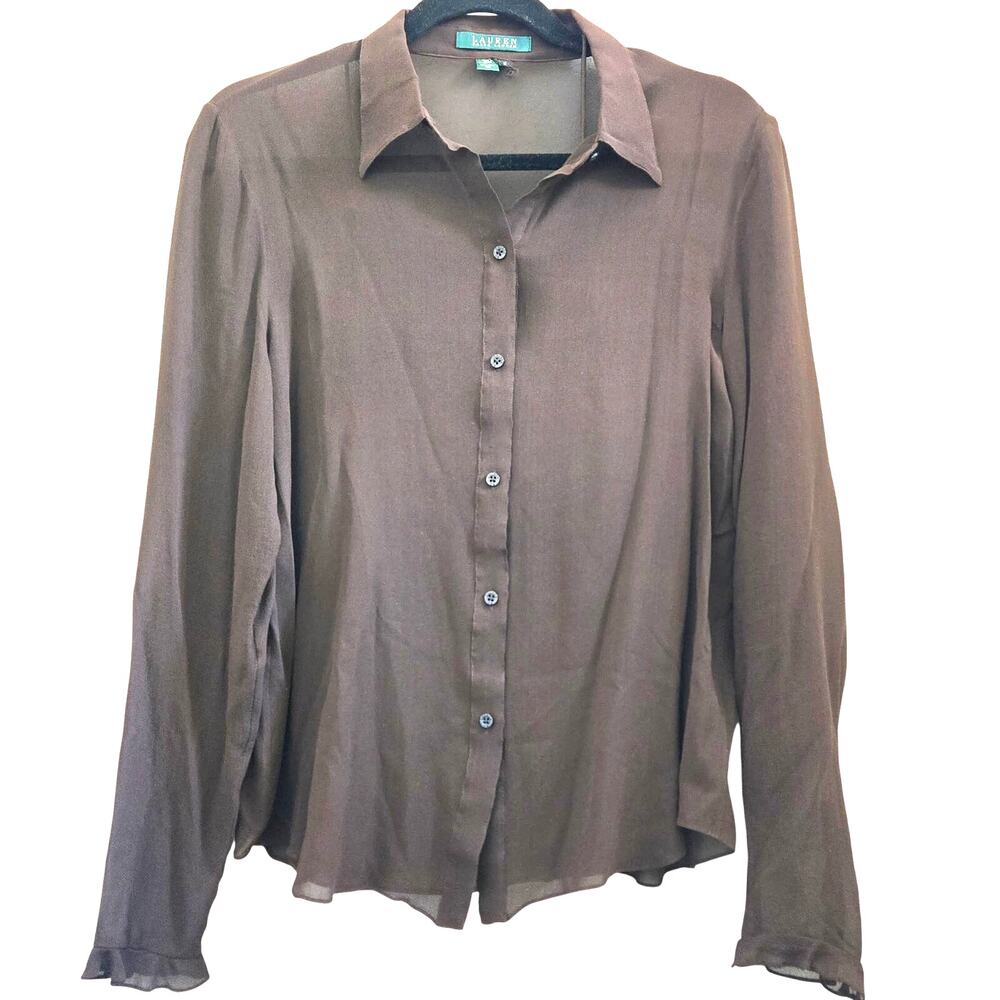 Lauren Ralph Lauren Sheer Brown Silk Button Down Blouse Camisole Set Women Sz 12